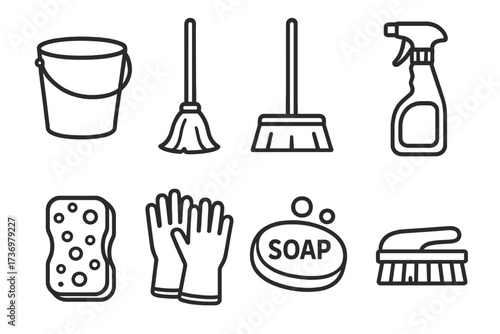 Cleaning service line icon set. Housekeeping and janitorial equipment. Vector symbols for hygiene: bucket, mop, broom, spray, sponge, gloves, soap, and a scrub brush.