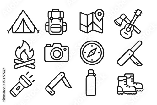 Camping and hiking icon set. Vector line art essentials for outdoor adventure and exploration. Includes tent, backpack, compass, map, campfire, and boots. Travel and tourism concept.