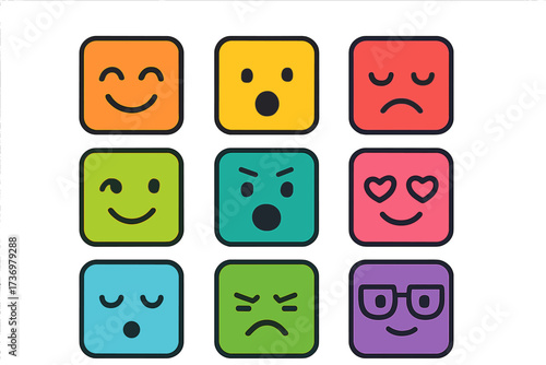 Colorful square emoji icon set. Minimalist flat design emoticons with varied expressions. Vector cartoon faces for social media, UI. Happy, sad, angry, love, wink, nerd moods.