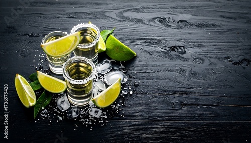 Tequila shots with limes and ice on a dark wooden table (1)