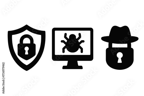 Cyber security icon set with protection shield, computer virus bug, and hacker privacy symbol. Vector illustration of digital threats and online safety in bold silhouette.
