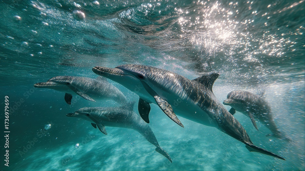 Fototapeta premium Wide-angle underwater capture of playful dolphins swimming gracefully