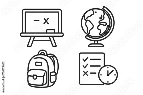 Education icon set in thin line art style. Vector school symbols for learning and study. Chalkboard, globe, backpack, test, exam, clock. Knowledge and back to school concept.
