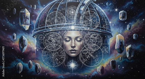 A mystical woman's face at the center of a cosmic astrological sphere, a perfect concept for spirituality, astrology, and universal consciousness