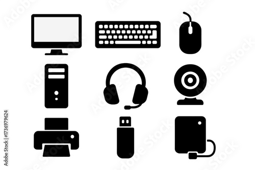 Computer peripherals and hardware glyph icon set. Essential office electronics and tech gadgets. Includes black vector symbols for monitor, keyboard, mouse, pc, webcam, and printer.