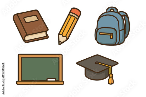 Education and learning vector icon set. Back to school cartoon collection with book, pencil, backpack, blackboard, and graduation cap. Isolated school supplies and study symbols.