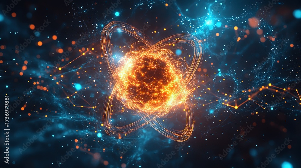 Fototapeta premium Glowing Atomic - Inspired Sphere with Flaming Orbits on Dark Background
