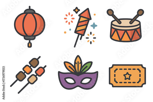 Festival icon set for celebration, carnival, holiday. Vector line art icons. Chinese lantern, firework, drum, masquerade mask, food skewer, event ticket. Flat design.
