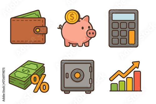 Finance icon set for business and banking. Vector cartoon illustration of wallet, piggy bank, calculator, money, safe, and growth chart. Concepts of savings and investment.