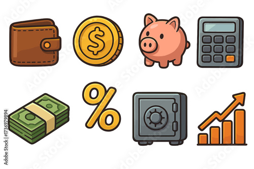 Finance cartoon icons set. Vector illustration of money, savings, and investment concepts. Includes wallet, coin, piggy bank, safe, calculator, and growing bar chart for profit.