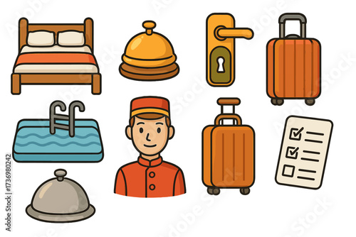 Hotel and hospitality icon set. Vector cartoon collection with bed, service bell, concierge, luggage, pool, and room service. For booking, travel, and accommodation design.