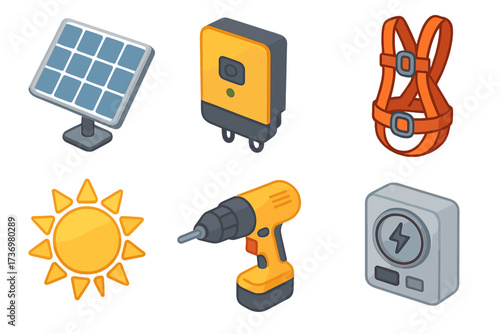 Isometric solar panel installation icon set. Vector cartoon of renewable energy equipment like inverter, safety harness, drill, sun, and electricity meter. Green power concept.
