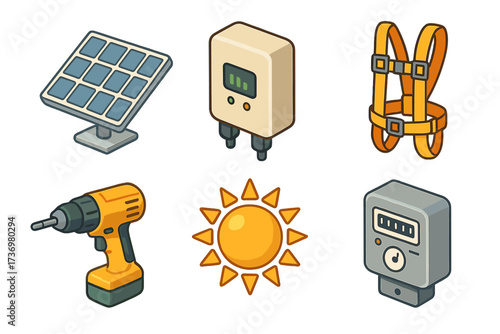 Isometric solar energy icon set. Vector cartoon illustration of equipment for renewable green power installation. Solar panel, inverter, safety harness, drill, sun, meter.