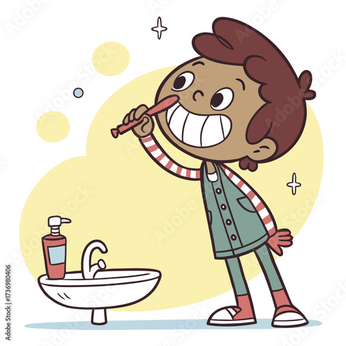 Cheerful young boy brushing his teeth with enthusiasm, promoting healthy dental habits and a bright smile, perfect for children's educational materials