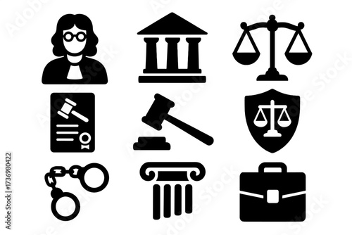 Law and justice vector icon set. Legal system symbols with judge, court, gavel, scales, and handcuffs. Black silhouette illustration for lawyer, legislation, and crime concepts.