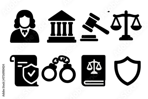 Law and justice vector icon set. Black silhouette symbols for legal concepts: judge, courthouse, gavel, scales, contract, handcuffs, law book, and shield. Crime punishment.