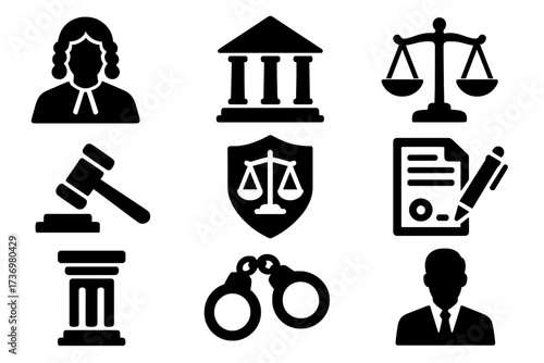 Legal icons set with judge, court, and gavel. Law and justice symbols collection. Vector silhouette pictogram for crime, trial, and legislation. Lawyer, auction, verdict concepts.
