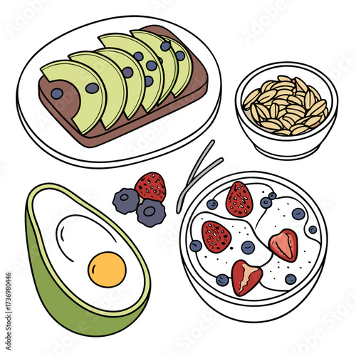 Healthy breakfast options toast with avocado and berries, oatmeal, and avocado egg illustration for wellness blogs and healthy lifestyle promotions