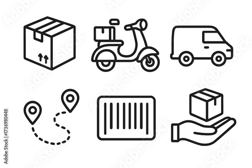 Delivery service icon set vector. Line art logistics symbols. Shipping package, scooter, van, tracking route, barcode, and hand holding box. E-commerce transport signs.