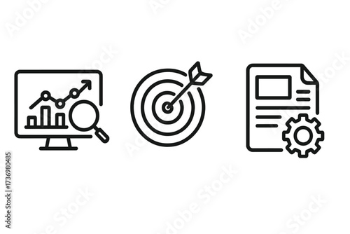 Marketing strategy linear icons set. Vector symbols for data analytics, targeting, and content optimization. SEO, market research, business goals, and performance management concepts.