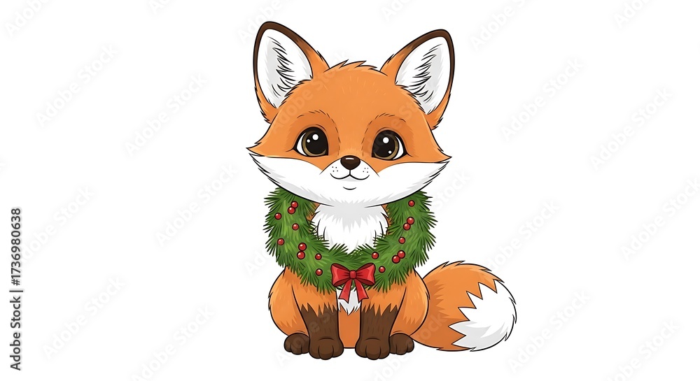 Obraz premium Cartoon fox with a christmas wreath around its neck sitting on a white background looking forward