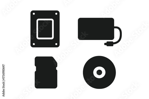 Storage device icon set. Minimalist glyphs of HDD, SSD, external drive, SD card, CD disc. Vector illustration for UI UX design. Data backup & computer hardware symbols.