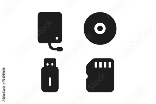 Digital storage device icon set. Black minimalist vector pictograms. External hard drive, CD, DVD, USB flash drive, SD card. Data backup, memory, information transfer symbols.