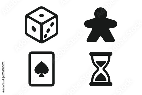 Board game icon collection. Minimalist vector set including dice, meeple, playing card, and hourglass. Flat design elements for tabletop games, strategy, leisure and fun.