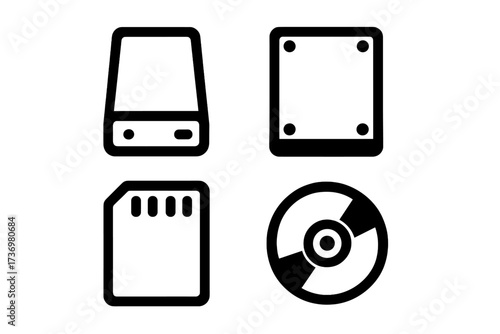 Minimalist storage device icon set. Vector symbols for digital media interface. HDD, SSD, memory card, CD line icons. Data backup, information technology, computer hardware pictogram.
