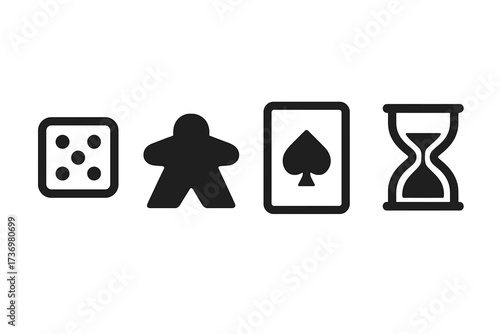 Minimalist board game icons set. Simple black glyphs for tabletop gaming. Vector symbols including dice, meeple pawn, playing card, and a sandglass timer for family fun.