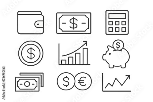 Finance line icon set. Business, banking, investment symbols. Money savings, economic growth concept. Vector outline wallet, piggy bank, cash, chart, calculator pictograms.