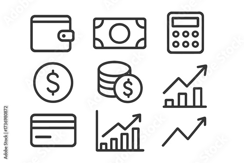 Finance and money line icons set. Business, banking, and payment symbols. Includes wallet, calculator, coin, credit card, and growth chart. Vector UI elements for apps.