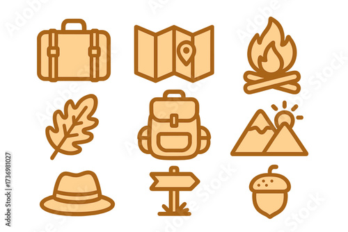 Autumn travel and outdoor adventure icon set. Vector line art collection with suitcase, map, campfire, backpack, and mountain symbols for hiking and camping. Fall season elements.
