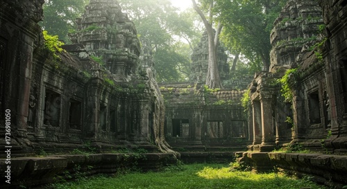 Ancient Angkor Temple Ruins Overgrown with Jungle Vegetation