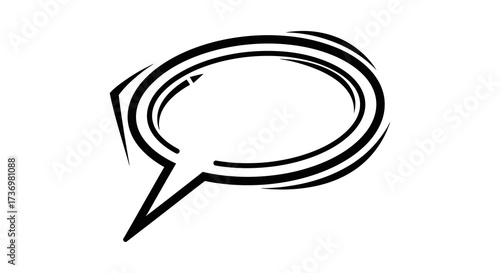 Monochrome vector illustration of a stylized oval speech bubble. A simple black and white line art icon representing communication, dialogue, and thought