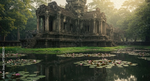 Ancient Angkor Temple Ruins with Lotus Pond at Sunrise