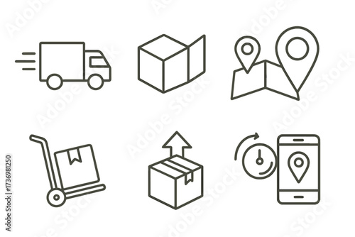 Logistics and delivery icon set. Minimalist line art for shipping, package tracking, and e-commerce. Includes truck, map, and mobile app symbols. Vector illustration.