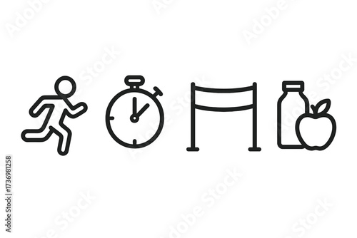 Minimalist marathon icon set. Runner, stopwatch, finish line, healthy nutrition. Vector outline symbols for race, sport, fitness, health. Infographic element pictogram.