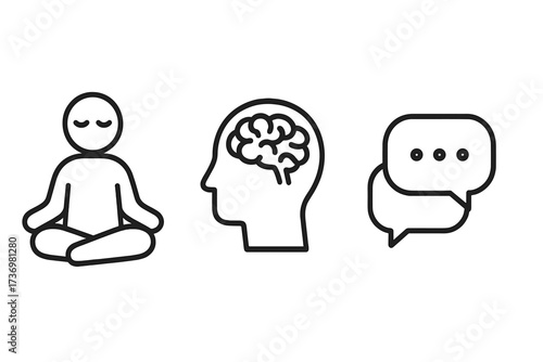Minimalist mental health icon set with meditation, brain, and communication symbols. Vector concepts for psychology, wellness, mindfulness, therapy, thinking, and support chat.