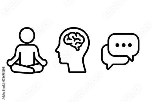 Minimalist icons for mental health and wellness. Vector line art of meditation, brain, and talk therapy. Concepts of psychology, mindfulness, support, and communication.
