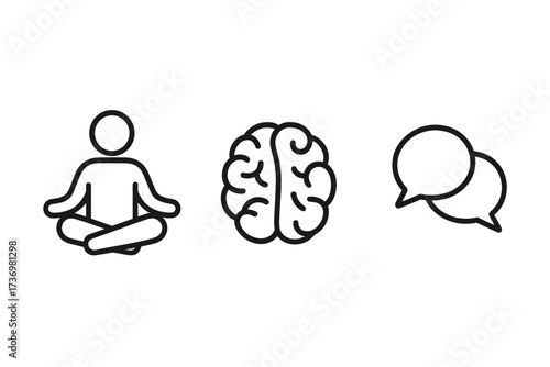 Mental health icons set. Vector line art of meditation, brain, communication. Concept for psychology, therapy, mindfulness, emotional wellness, balance, and mind wellbeing.