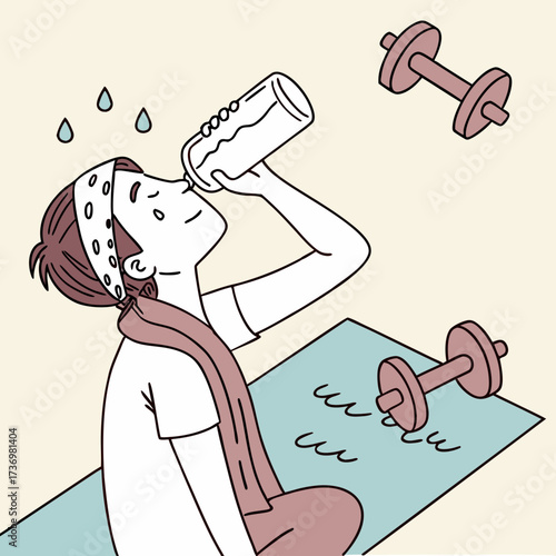 Satisfied person rehydrating with a water bottle after a rigorous fitness session, embodying wellness, active recovery, and a healthy lifestyle.