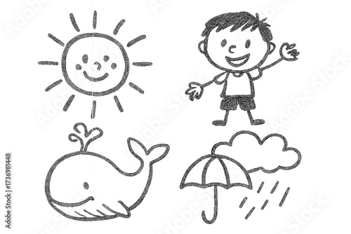 Set of children's drawings. Hand-drawn doodle elements. Charcoal pencil sketch style. Cute cartoon characters: smiling sun, waving boy, happy whale, and rainy cloud with umbrella.