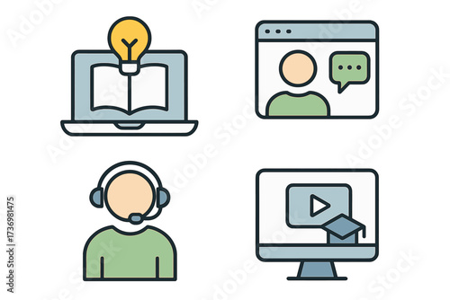 Online learning and communication icon set. Concept e-learning, webinar, video conference, customer support. Vector illustration for digital education, online course, graduation.