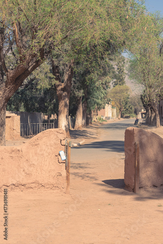 Earthen adobe gate opens to a quiet, tree-lined street