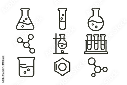 Science icon set. Minimalist chemistry symbols. Lab equipment vector line art. Flask, test tube, beaker. Molecule, atom structure. Laboratory research, experiment concept.