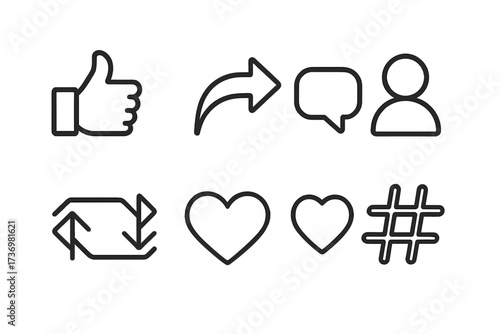 Minimalist social media icons set. Vector line art symbols for UI design. Thumbs up like, share, comment, user profile, heart, repost, and hashtag signs for web and apps.