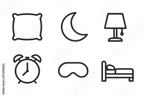 Sleep icon set. Minimalist line art symbols for bedtime routine. Pillow, moon, night lamp, alarm clock, eye mask, bed. Vector icons for rest, dreams, night, and insomnia.