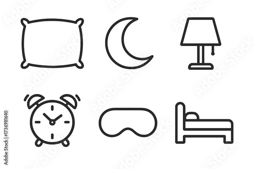 Sleep icon set. Minimalist line art collection for bedtime and morning routine. Pillow, moon, lamp, alarm clock, eye mask, bed symbols. Insomnia and healthy sleep concept.