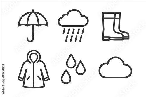 Rainy weather line icon set. Vector symbols for autumn season. Minimalist outline illustration of umbrella, cloud, rain, boots, raincoat, water drops. Meteorology concept.
